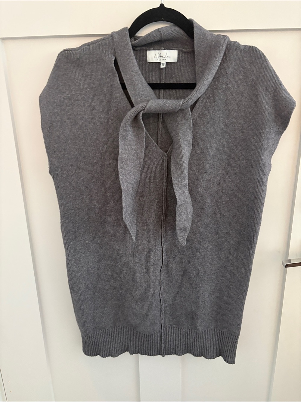 L'Academie Gray Tie-Neck V-Neck Sweater